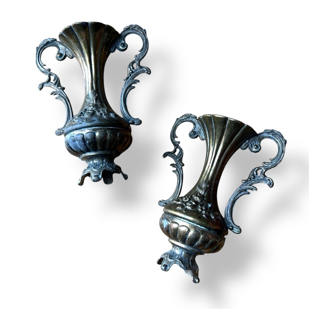 Vintage Italian Floral Ornate Metal Patina Bud Vase Pair Romantic - Picture 1 of 8